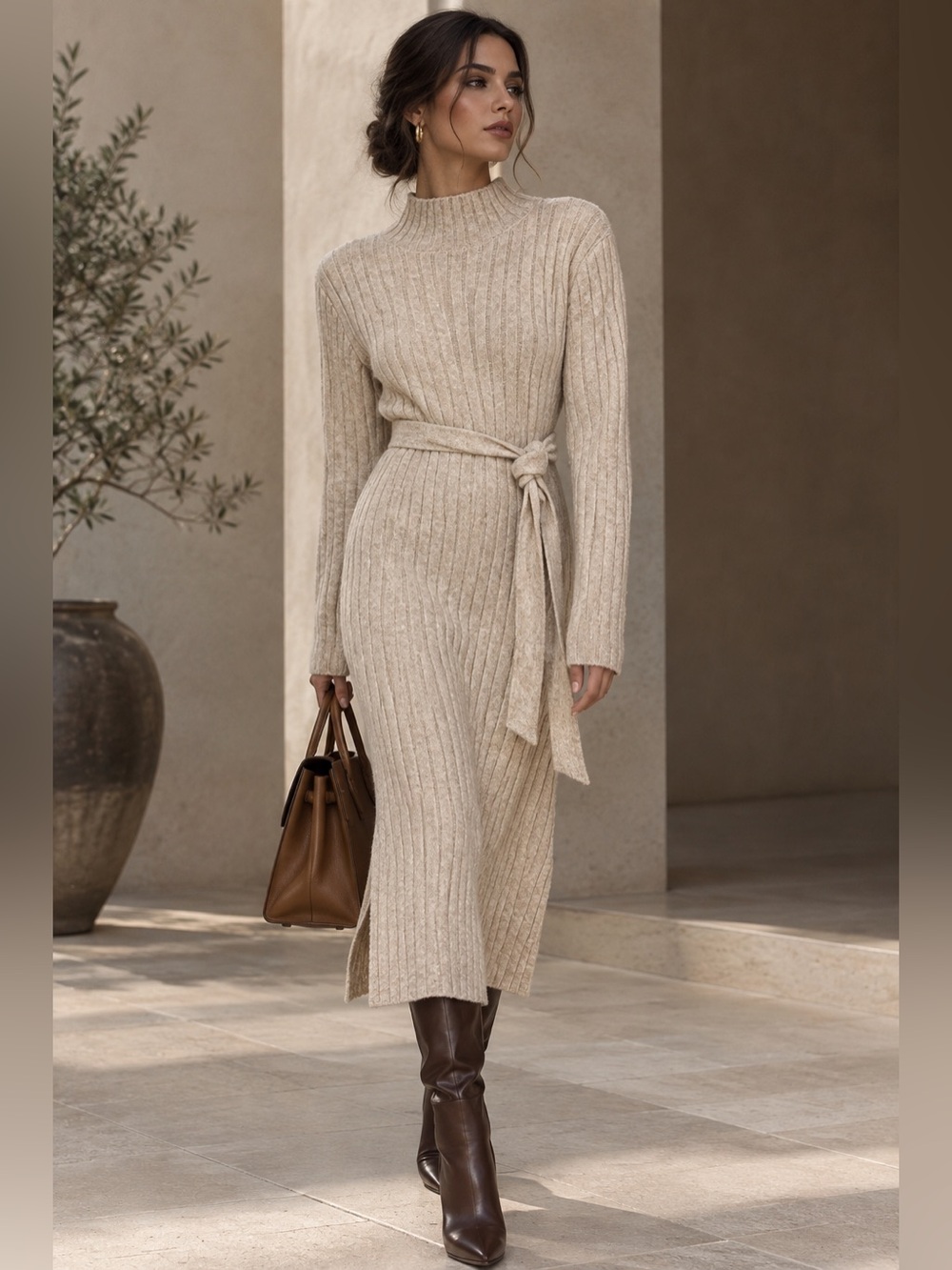 Sincerely Jules Ribbed Knit Sweater Dress L NWT | Belted Midi Beige